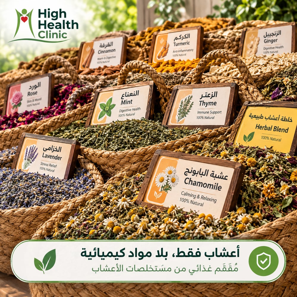 Natural herbs from High Health Clinic's own harvest — cinnamon, turmeric, ginger, mint, thyme, lavender and chamomile